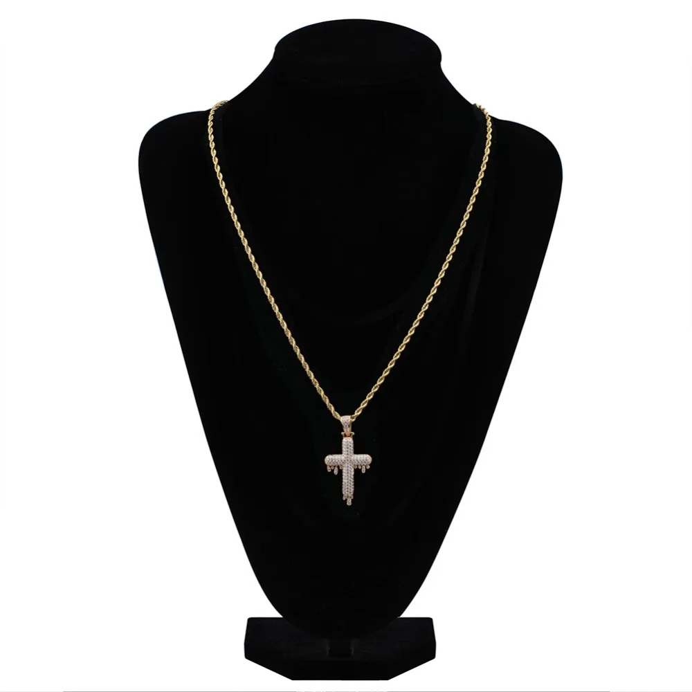 TOPGRILLZ Men's Hip Hop Religious Drop Cross Pendant Necklace Gold Silver Color Cubic Zircon Jewelry Necklaces Gifts Rope Chain |