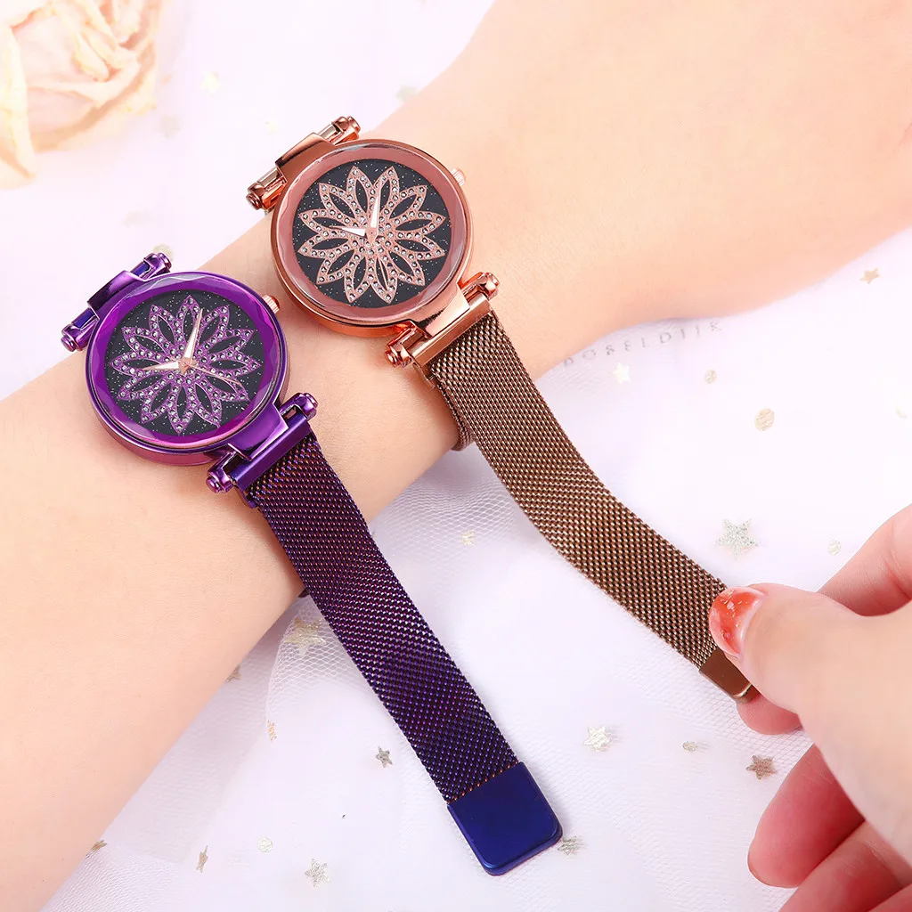 

Vansvar Casual Womens Gold Mesh Watch Flower Print Analog Dress Quartz Wrist Watch Montre Femme Ladies Clock reloj mujer A2
