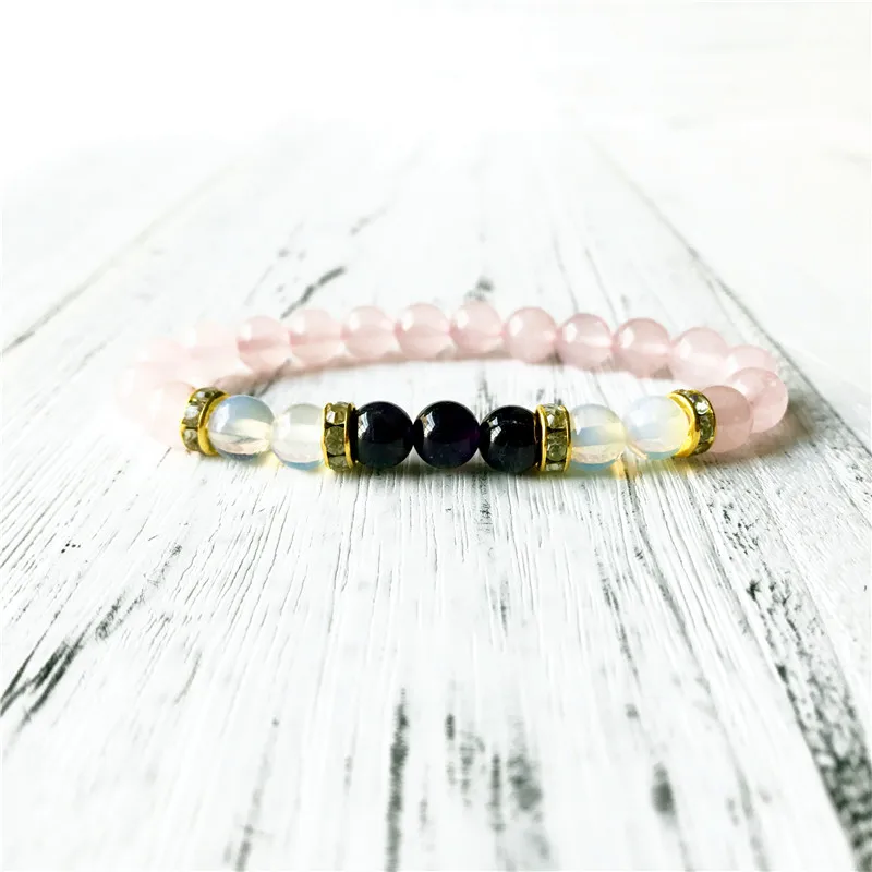 Natural Opal Rosequartz Purple Quartz Bracelet Wrist Pink Beads Yoga Mala Women's Gift Energy Protection Jewelry | Украшения и