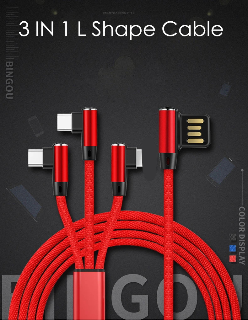 USB кабель 3 в 1 5 в 2.4A Быстрая зарядка 90 градусов двойной тип C кабель зарядного устройства микро-usb тип L изгиб нейлоновый шнур для iPhone кабель