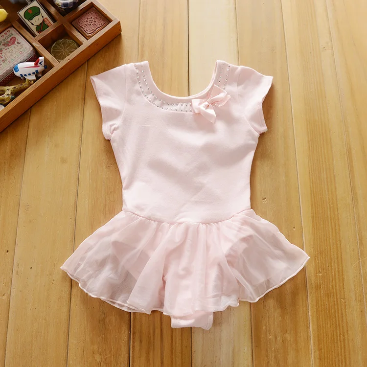 Girls ballet dress pink short sleeve leotard with chiffon skirt rhinestone and bow neckline | Тематическая одежда и