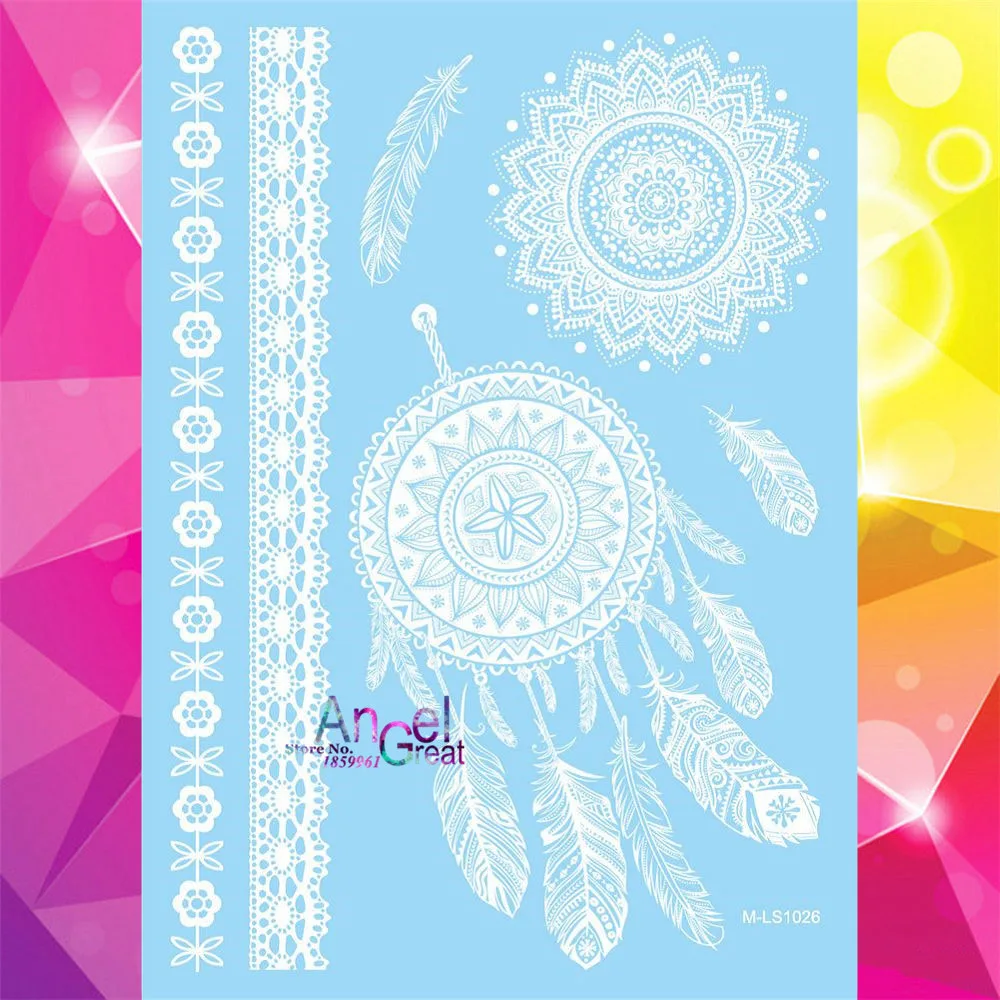 

Большая белая водостойкая Татуировка Dreamcather, боди-арт, тату-наклейки на руку, 21*15 см, Ловец снов, хна, цветок, ювелирные изделия