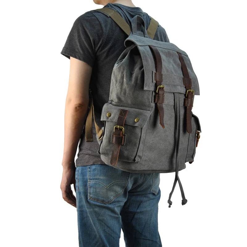 Мужской и женский холщовый рюкзак из натуральной кожи дорожный для школы на