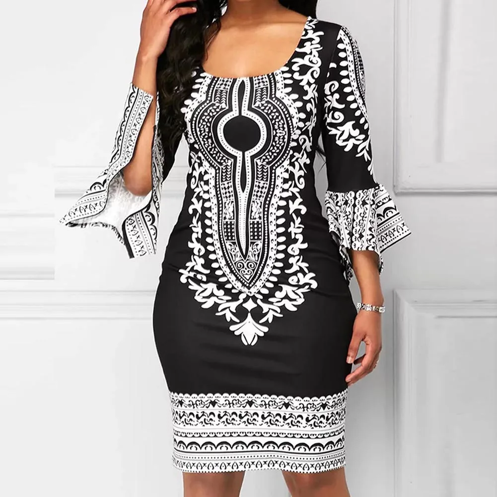 Fadzeco африканские платья для женщин Дашики 3/4 рукав цветочные Bodycon миди платье этнический Племенной печати летнее платье карандаш