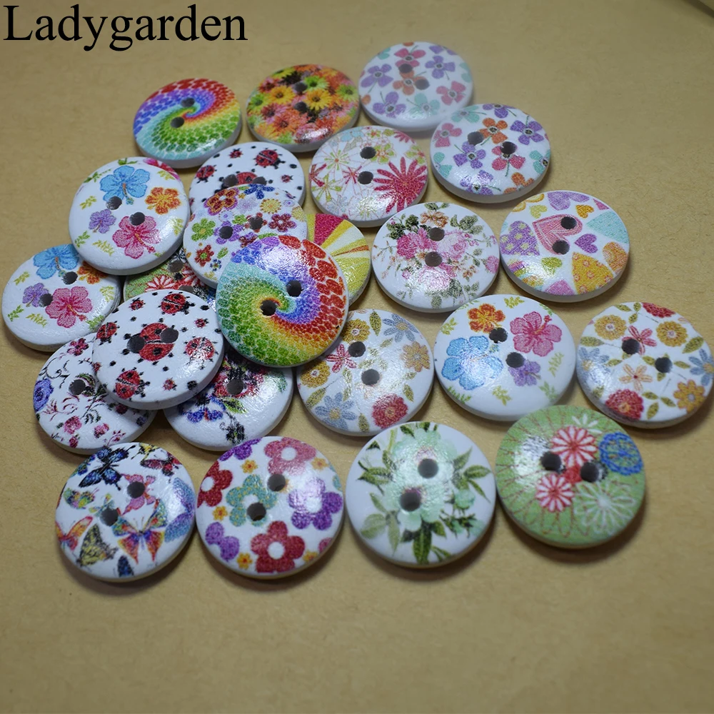15mm 2 Eyes Printed Wood Colorful Round Wooden Buttons for Hat Shoes Clothes Diy Accessories Mixed Color 50PCS/Bag | Дом и сад