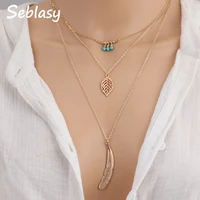seblasy minimalist style boho 3 layer long hollow natural stone beads leaf feather clavicle chain necklaces pendants for women