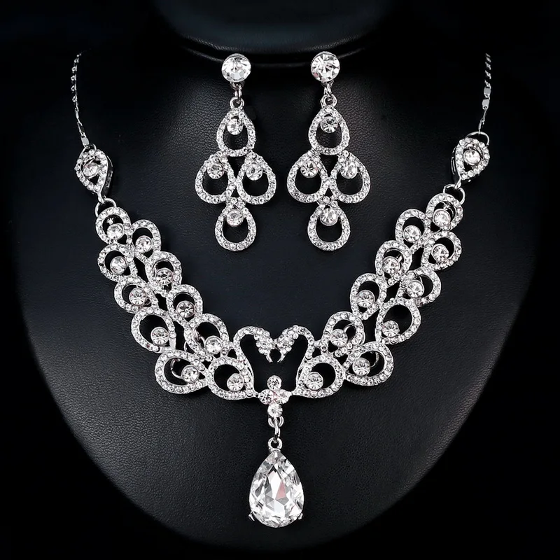 

Wedding Bridal Water Drop Rhinestone Crystal Necklace Earring Jewelry Set For Women Flower Wedding Valentine's Day gifts