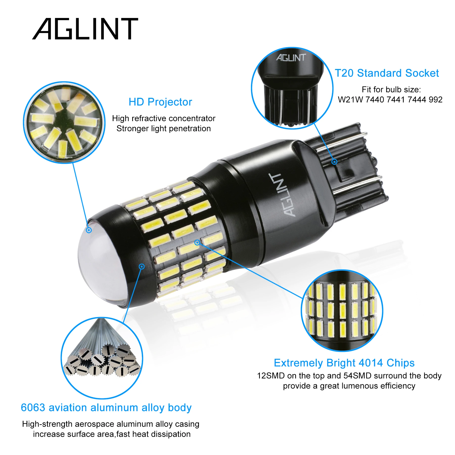 AGLINT 2 шт. сигнальные огни обратного тормоза T20 7440 7443 W21W светодиодный W21/5W WY21W