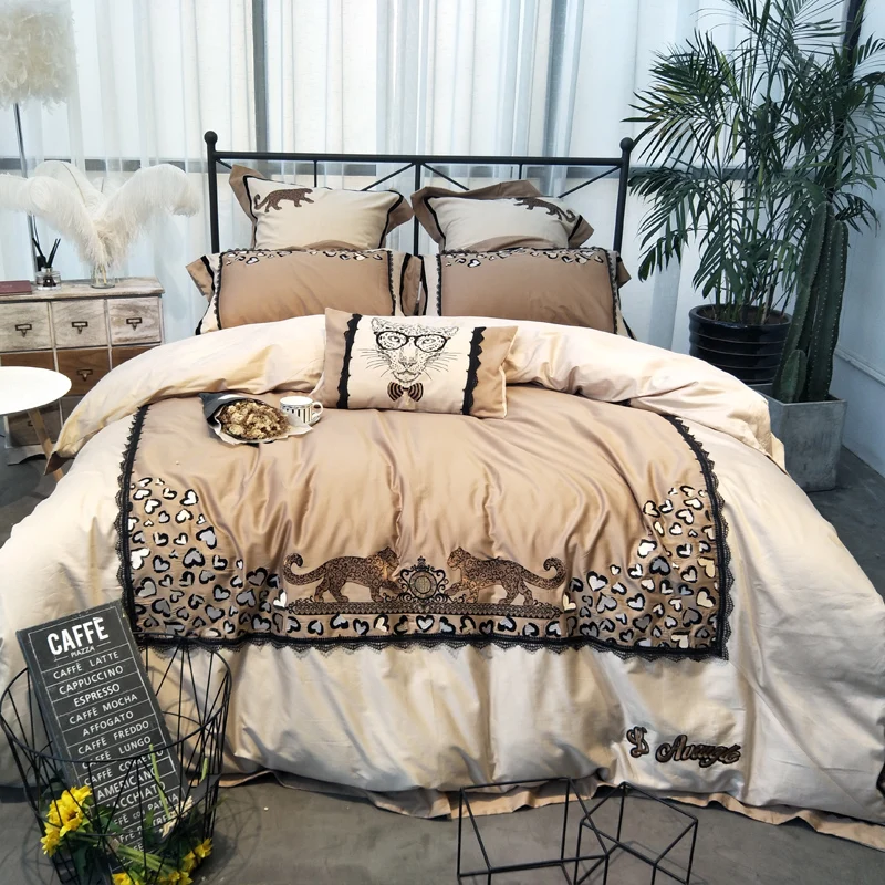 

Luxury Embroidery white leopard 100S Egyptian cotton Bedding sets Queen King Royal Duvet cover Bed sheet set Pillowcase 4/6pcs