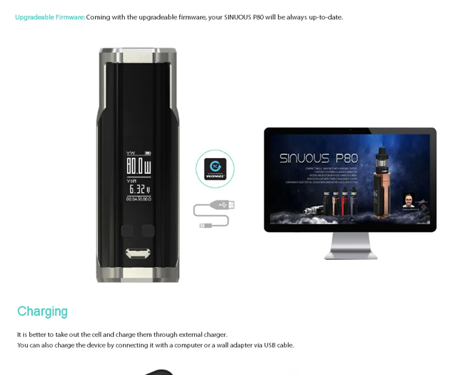 Подлинный 80 Вт WISMEC SINUOUS P80 TC мод 80 Вт/50А мод матч Elabo Мини Танк Атомайзер 510 нить электронная сигарета мод питание без 18650 батареи