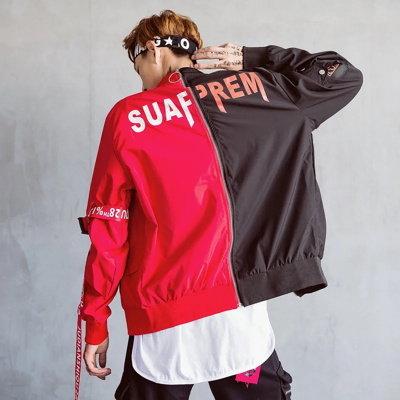 2018 Autumn Korean High Street Brand Men Bomber Jacket Detachable Red Black Green Patchwork Zipper Outwear Youth Student Coat | Мужская