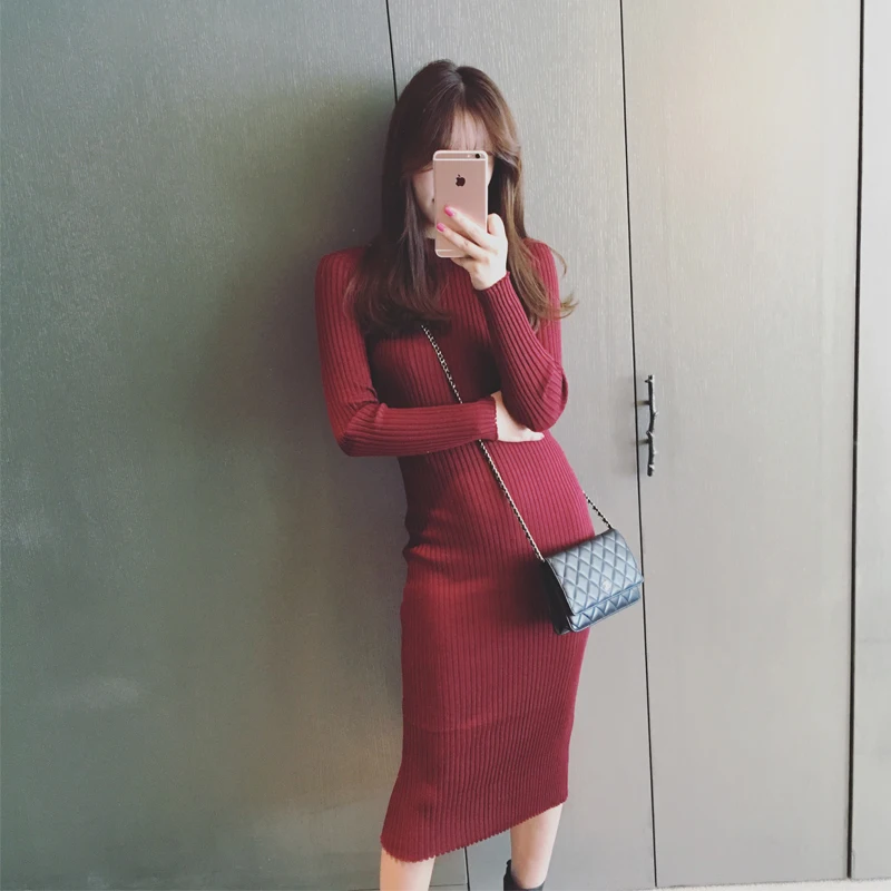Осенне-зимнее женское трикотажное хлопковое обтягивающее платье-свитер с