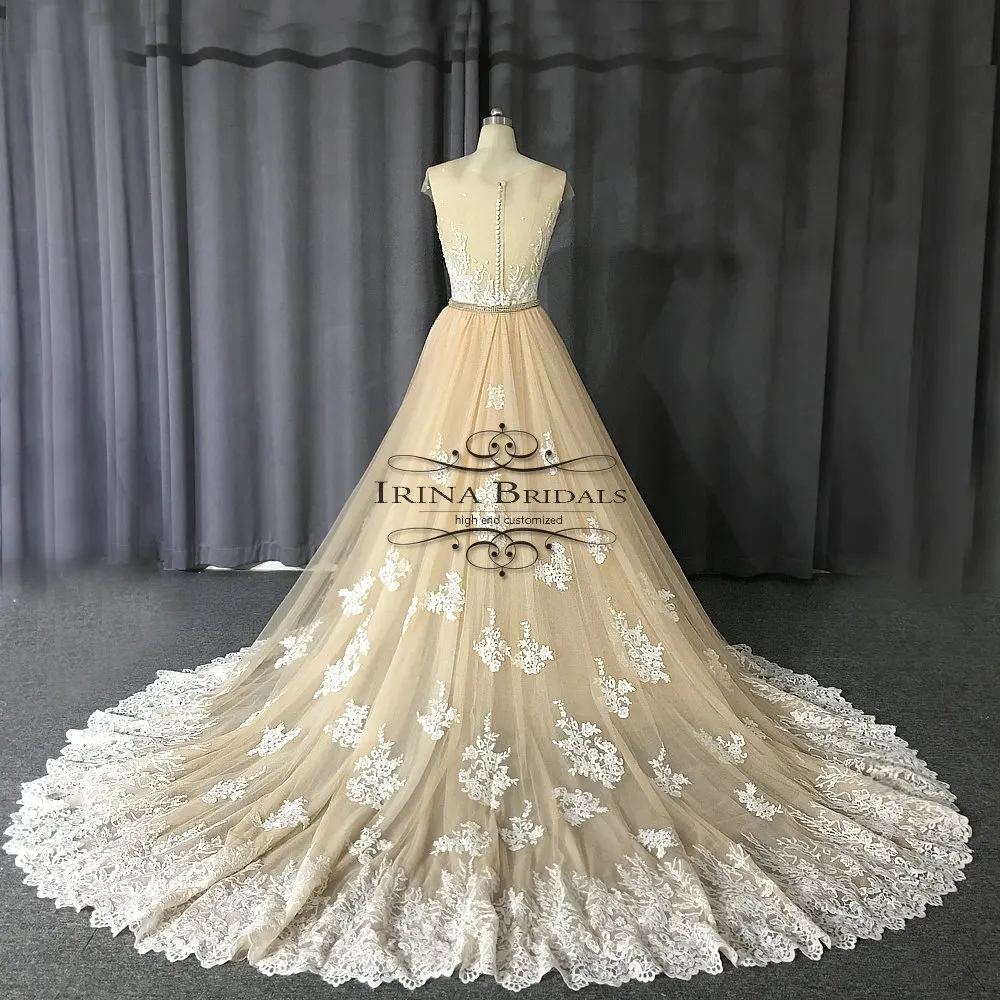 Кружевная аппликация с жемчугом Irina Bridals свадебное платье цвета шампанского со