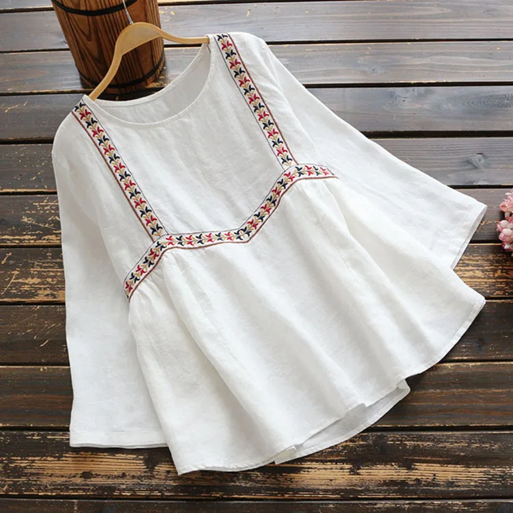5114 New Spring Women Japan Style Literary Loose Nine Quarter Sleeve Blouse Linen O-Neck Embroidery Shirt Tops | Женская одежда