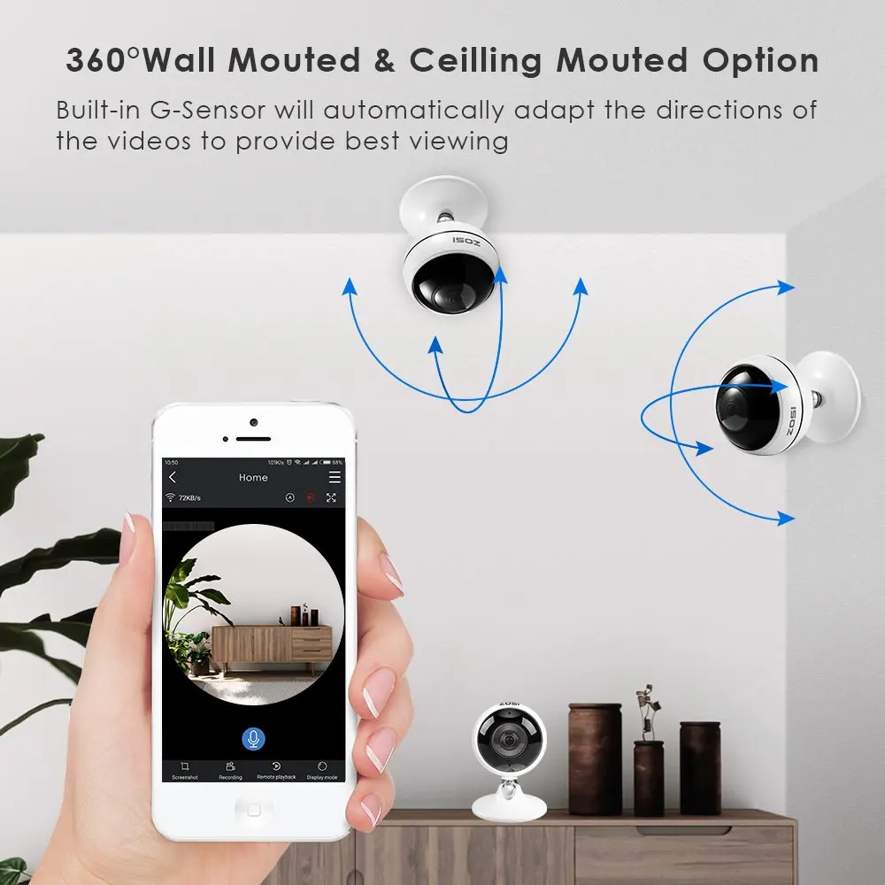 ZOSI 3MP Крытая Беспроводная панорамная ip-камера 360 градусов WiFi камера, сигнализация движения, двухстороннее аудио, ИК ночное видение, TF слот