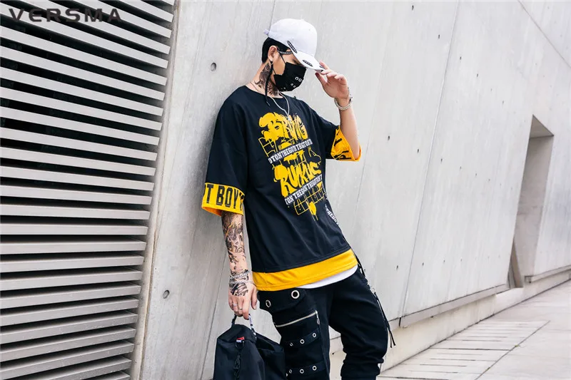 VERSMA корейские Harajuku BF ленты граффити напечатанные футболки мужские летние высокая улица хип хоп негабаритных футболки мужские дропшиппинг