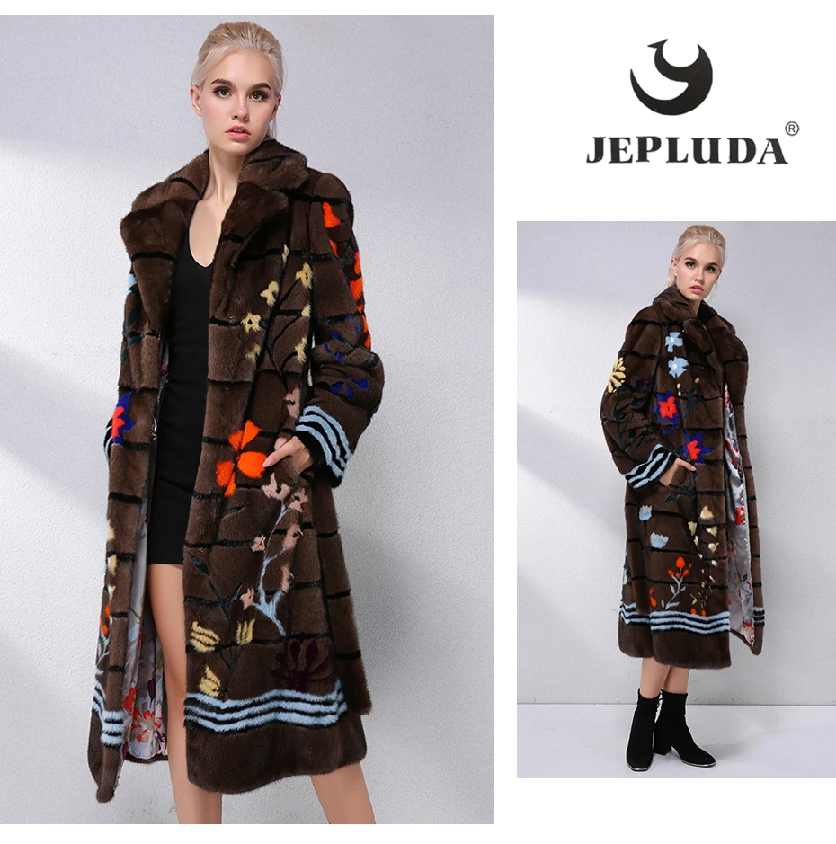 JEPLUDA Женская Норковая Шуба Натуральный Мех Американский с Цветочный Рисунок Роскошный и Зкстравагантный Европейский Бренды Моды Длинный Теплый Пальто Зимнее Женское Меховые Английский Воротник Шуба Норка Зима