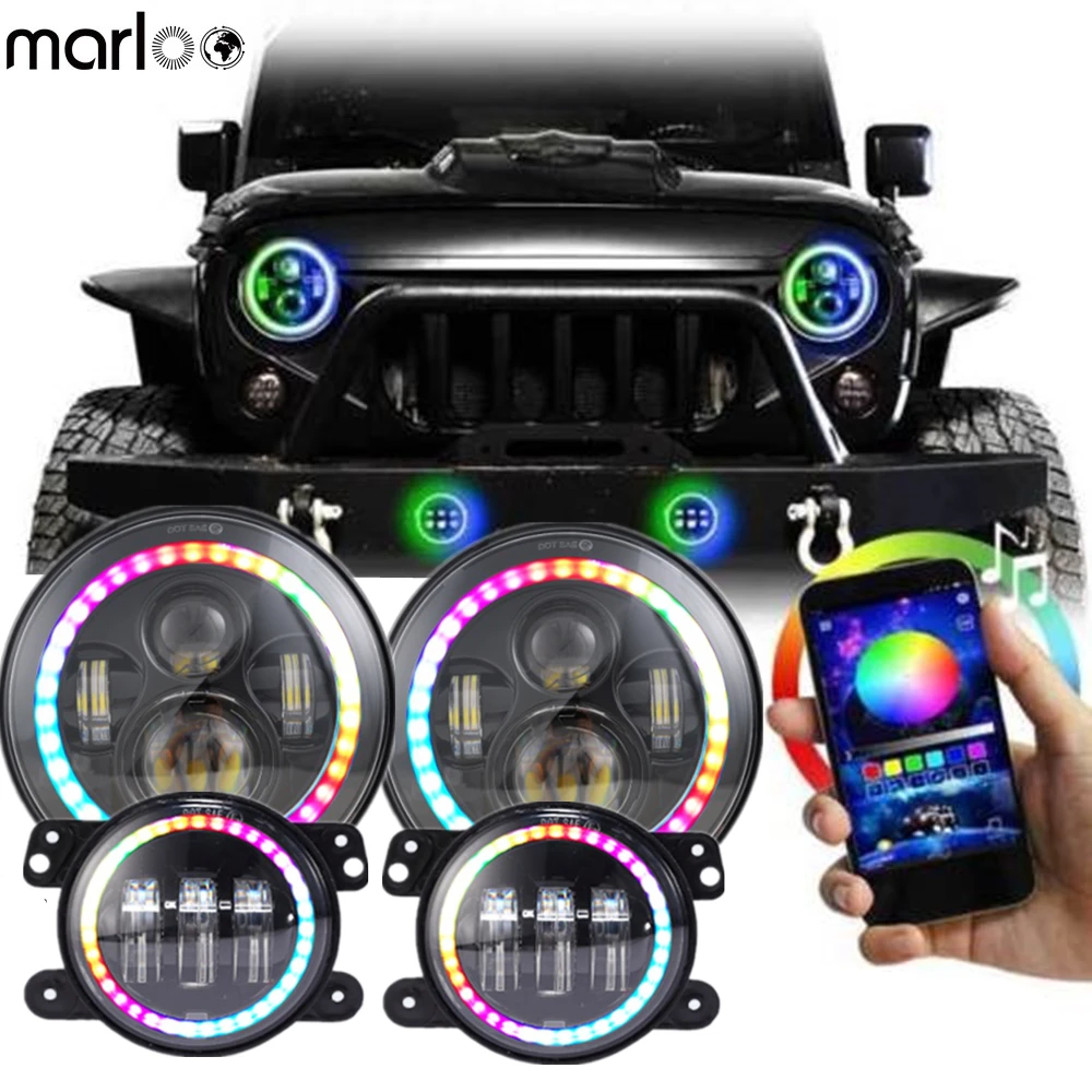 Комплект Marloo светодиодные гало фары RGB 7 дюймов + 4 дюймовые Противотуманные на