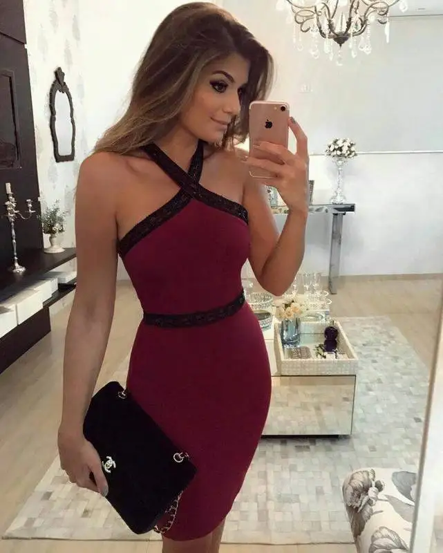 Летние модные пикантные Холтер спинки цвет красного вина Бандажное платье 2017