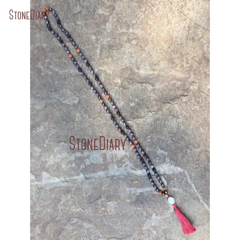 Ручная вязка Larvikite Hematite Rudraksha 108 шарик мала лавовый камень с бисером гуру Aquamarines