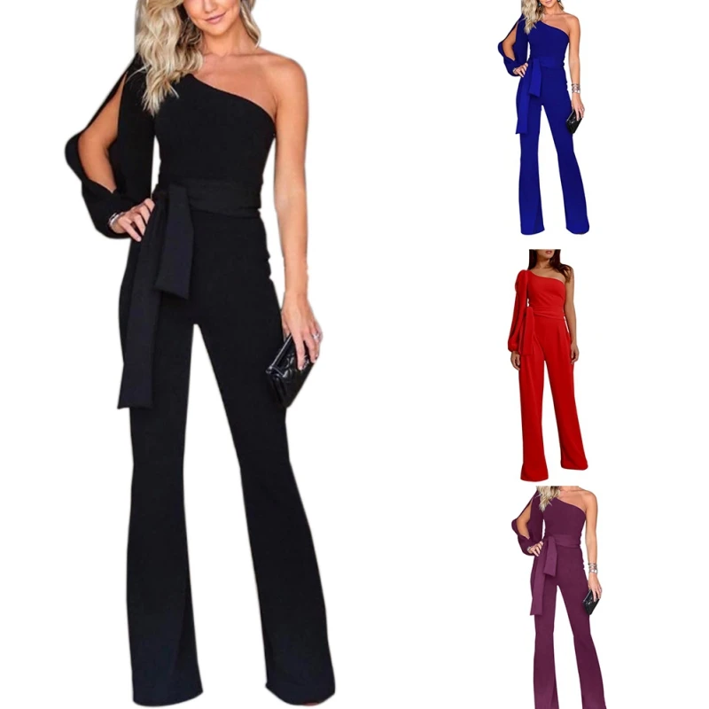 

Fashion Women's jumpsuit Solid Sexy Belt One-shoulder Sleeves Bandage Nice Elegant Long Jumpsuit