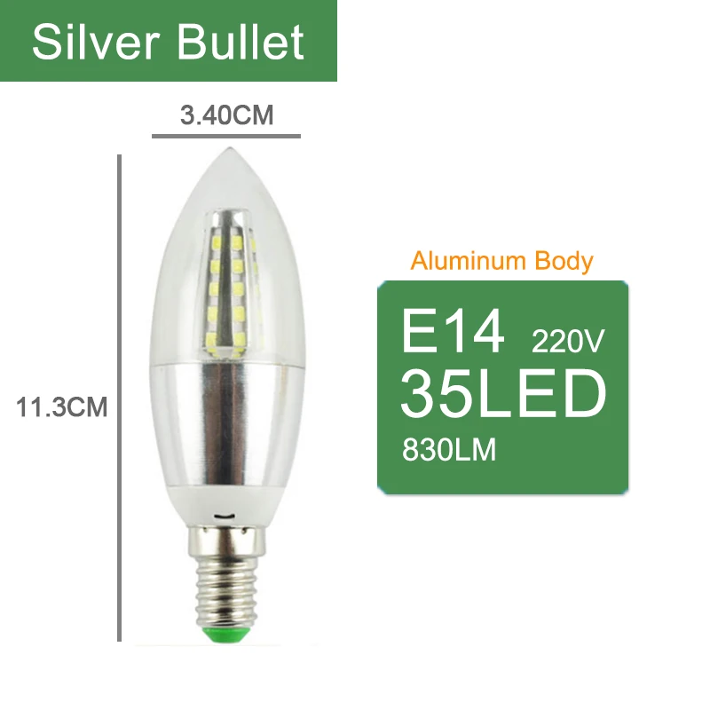 Silver Bullet 35Leds Kaguyahime LED E14 свечки Алюминий Лампа AC 220V 5W 7W 9W 12W 240V SMD2835 энергии энергосберегающие лампы Освещение в помещении лампы украш - Испускаемый цвет: Silver Bullet 35Leds