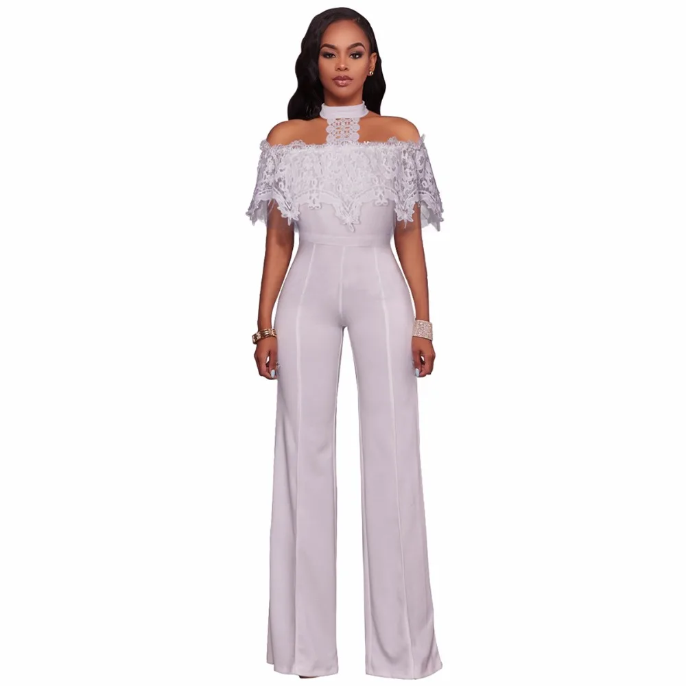 С открытыми плечами Холтер шеи Кружева оборками длинный комбинезон плюс Размеры