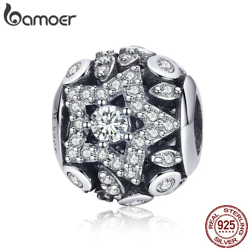 BAMOER, натуральная 925 пробы, серебро, Геометрическая Звезда, прозрачный кубический циркон, бусины, шарм, подходят для браслетов, браслеты, сделай сам, изготовление ювелирных изделий SCC928
