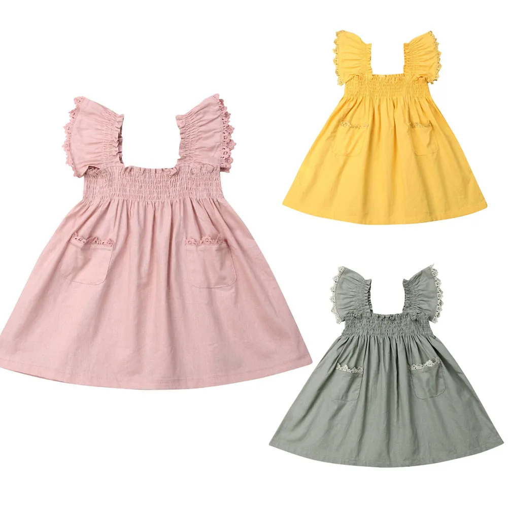 Girl Dress Cute Summer Toddler Kid Baby Girl Clothes Ruffle Sleeve Solid Dress Tutu Dress Sundress