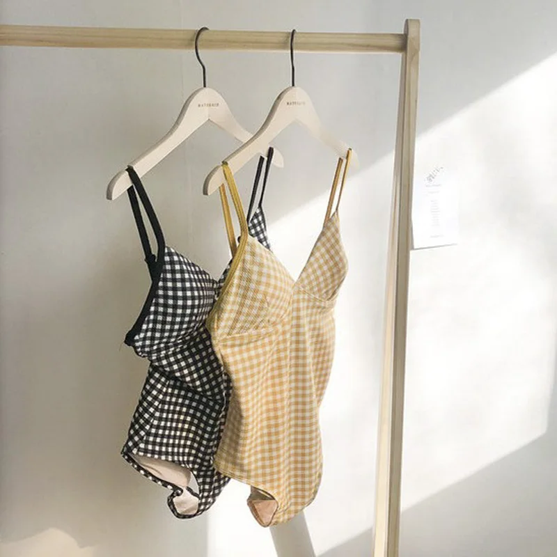 2019 корейский нейлоновый пикантный клетчатый слитный купальник на шнуровке с
