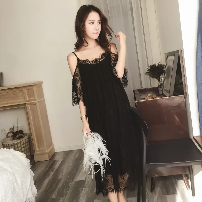 

Lisacmvpnel Elegant Long Section Women Nightgown Solid Spaghetti Strap Lace Female Nightdress