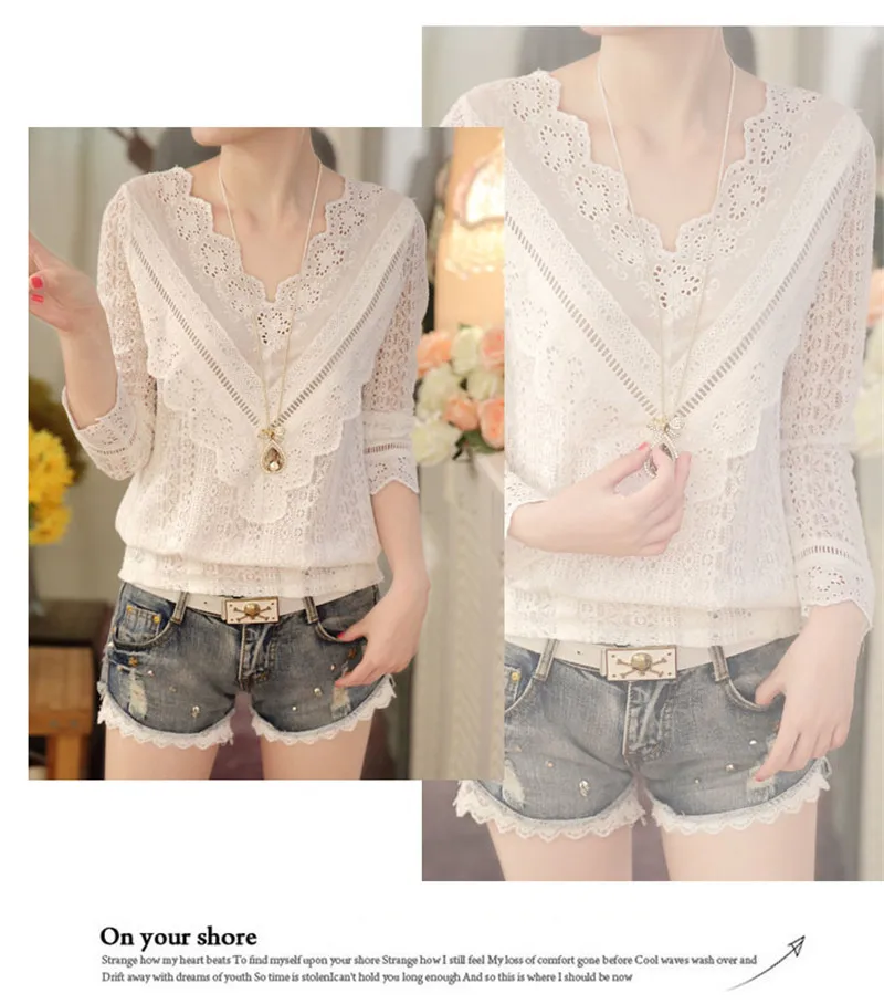 Женская кружевная блузка с V образным вырезом и длинным рукавом|female shirts|korean women