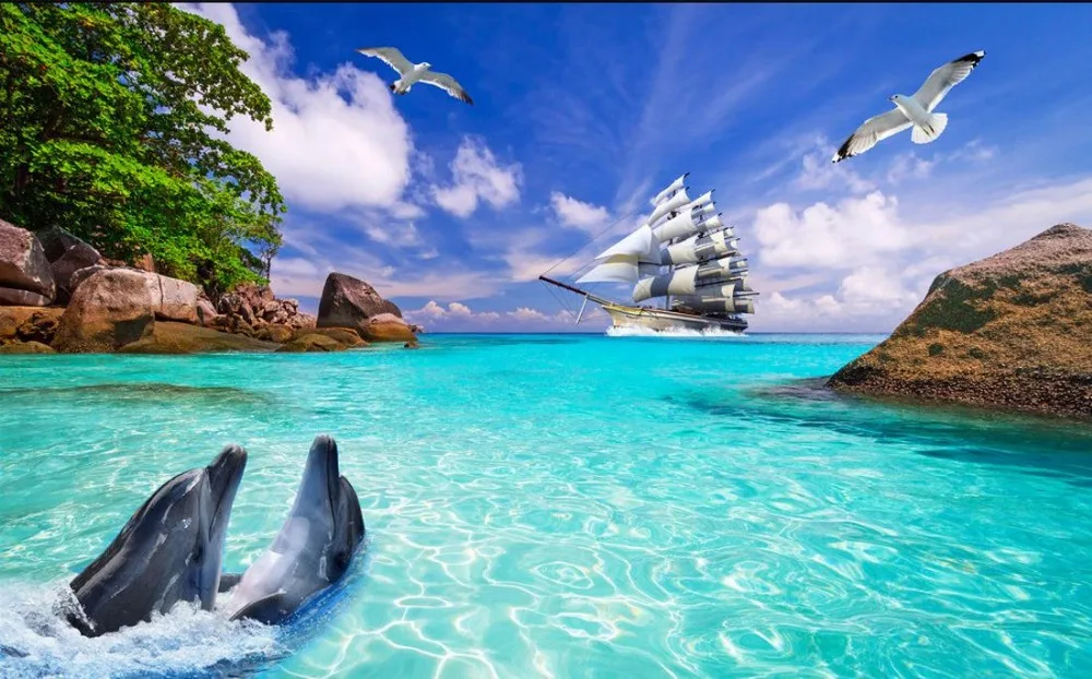 3d обои для комнаты дельфин залив парусник фон фреска фото Настенные |