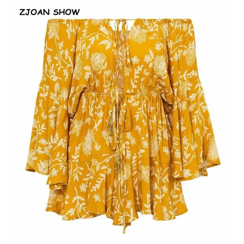 2019 New Bohemian Slash collar Floral Print Women Short Playsuits Tassel Lacing up Top Bow tide Jumpsuit Rompers Overalls | Женская