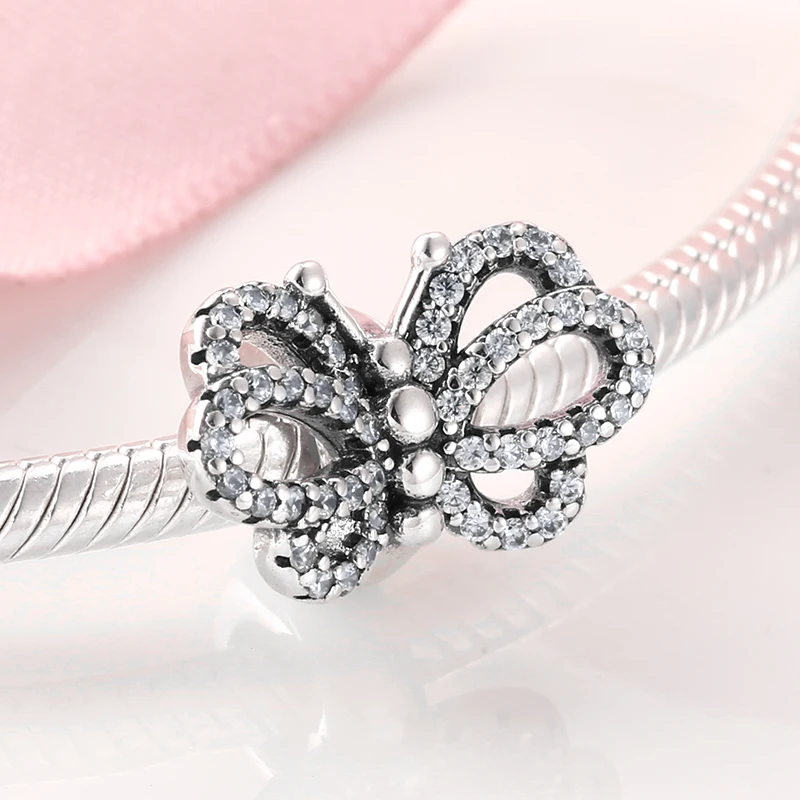 925 Sterling Silver Clear zircon Vintage Butterfly DIY Spacer Stopper Beads Fit Original Pandora Charms Bracelet Jewelry Making