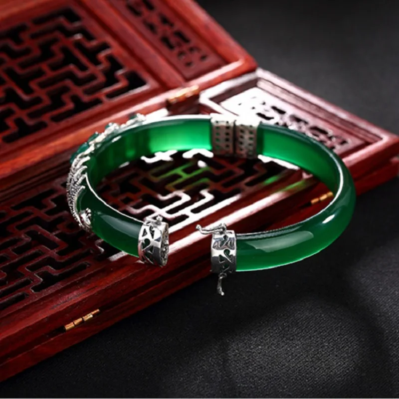 S925 Sterling Silver Chalcedony Bangle For Women Thai Vintage Marcasite Peacock White Green Fine Jewelry Jade Bracelet | Украшения и
