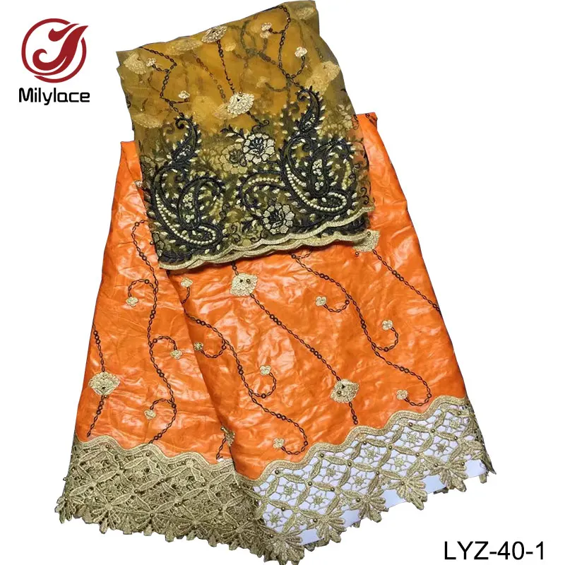 Оранжевый бисера Базен кружевной ткани 2017 высокого качества 5 ярдов Multicolors
