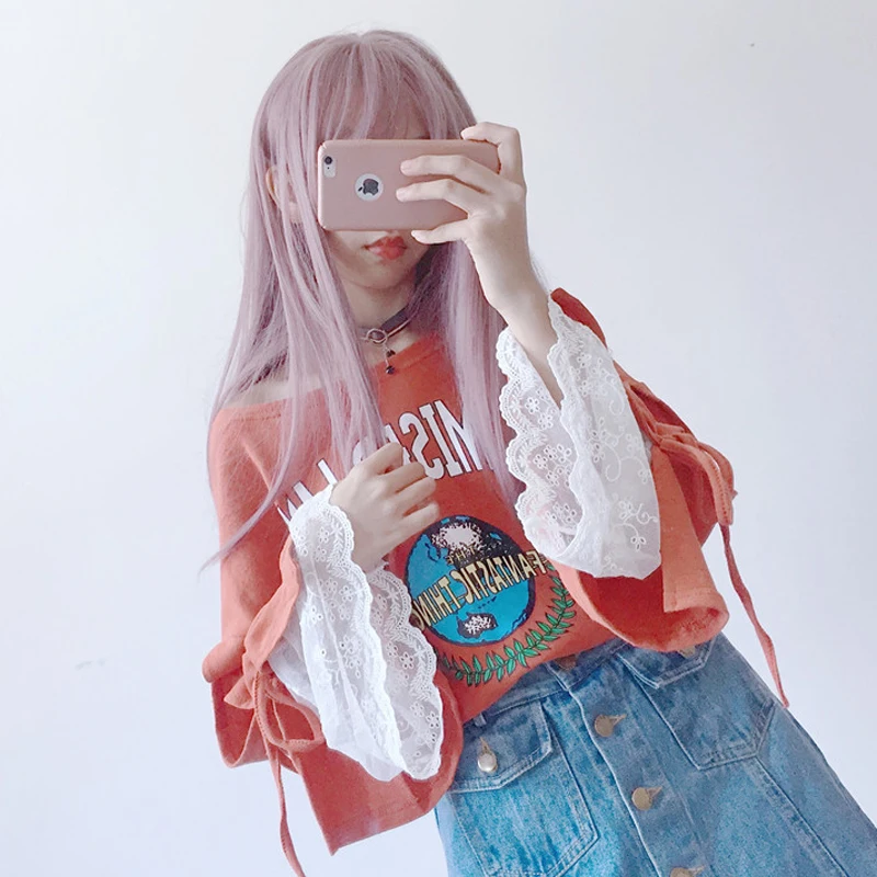 YouGeMan Футболка женская осень 2019 корейский стиль Harajuku кружева пэчворк печатные