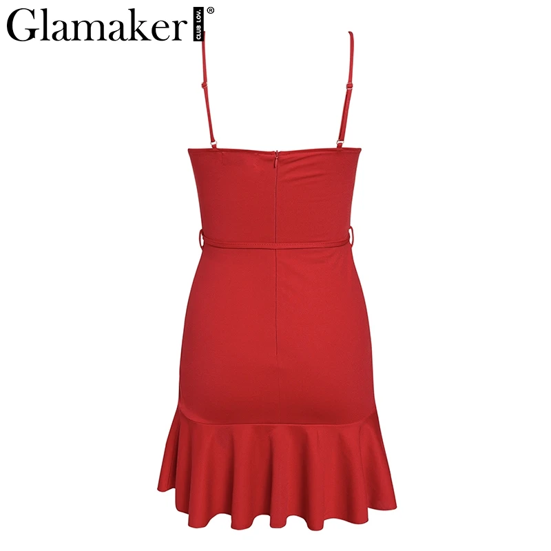 Glamaker Ruffles кружевное сексуальное мини-сарафан женское праздничное пляжное короткое платье с открытой спиной Вечерние женские летние платья с красным поясом Vestidos