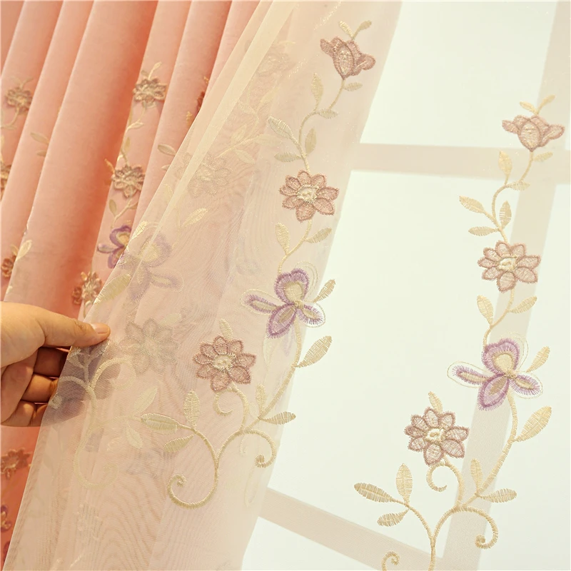 Европейские современные тисненые Вышитые Розовые занавески для гостиной окон