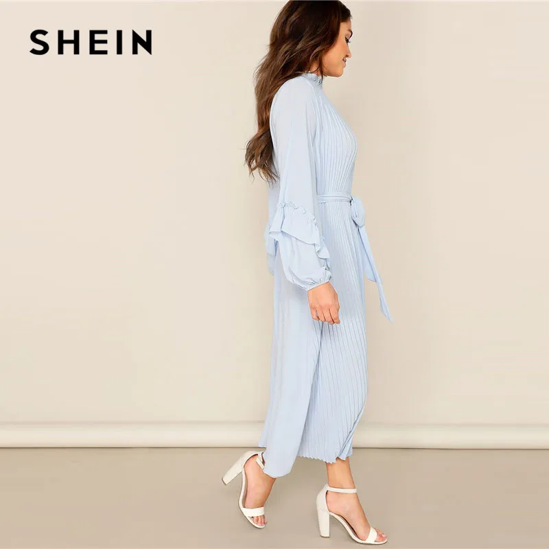 SHEIN Плиссированное Платье Со Стоячим Воротником Поясом И Оригинальным Рукавом Однотонное Платье В Складку С Оборкой