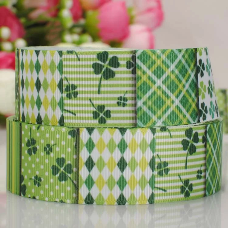 Лента с принтом Зеленый клевер 7/8 дюйма 22 мм|printed grosgrain ribbon|grosgrain ribbongift ribbon |