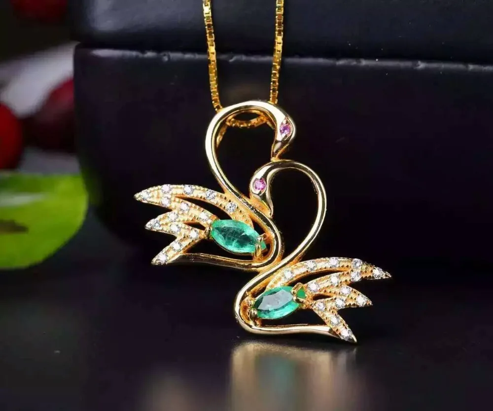 

natural green emerald stone pendant S925 silver Natural gemstone Pendant Necklace trendy Elegant Couple swans women jewelry