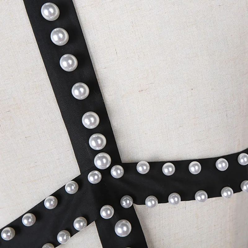 

Johnature Sexy Halter Pearl Solid Color Dress 2021 Women Summer New Streetwear Beaded Mid-calf Length Elegant Fashion Dresses