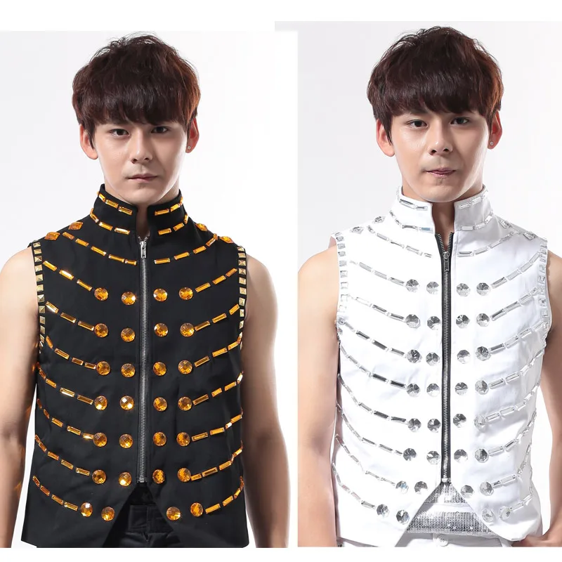 

Customized Plus Size S-4XL Men Vest Jackets Male Singer Dj Shirt Punk Outerwear Top Ds Rhinestone Vests Ds Stage Wear Costume
