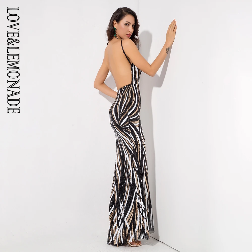 Женское платье с блестками LOVE &amp LEMONADE длинное в полоску глубоким V-образным