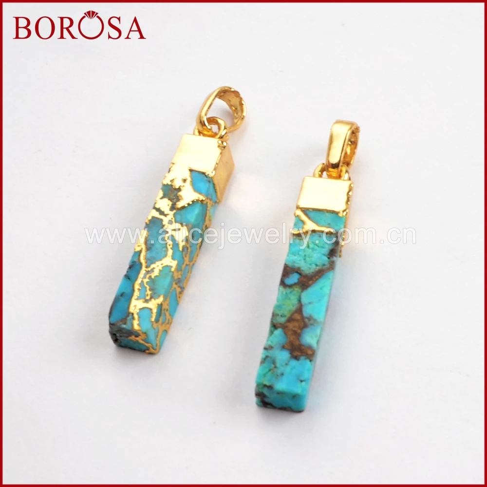 

BOROSA 5/10PCS New Gold Color Natural Turquoises Pendant, Natural Blue Stone Copper Stone Pendant Beads For Women Jewelry G1531