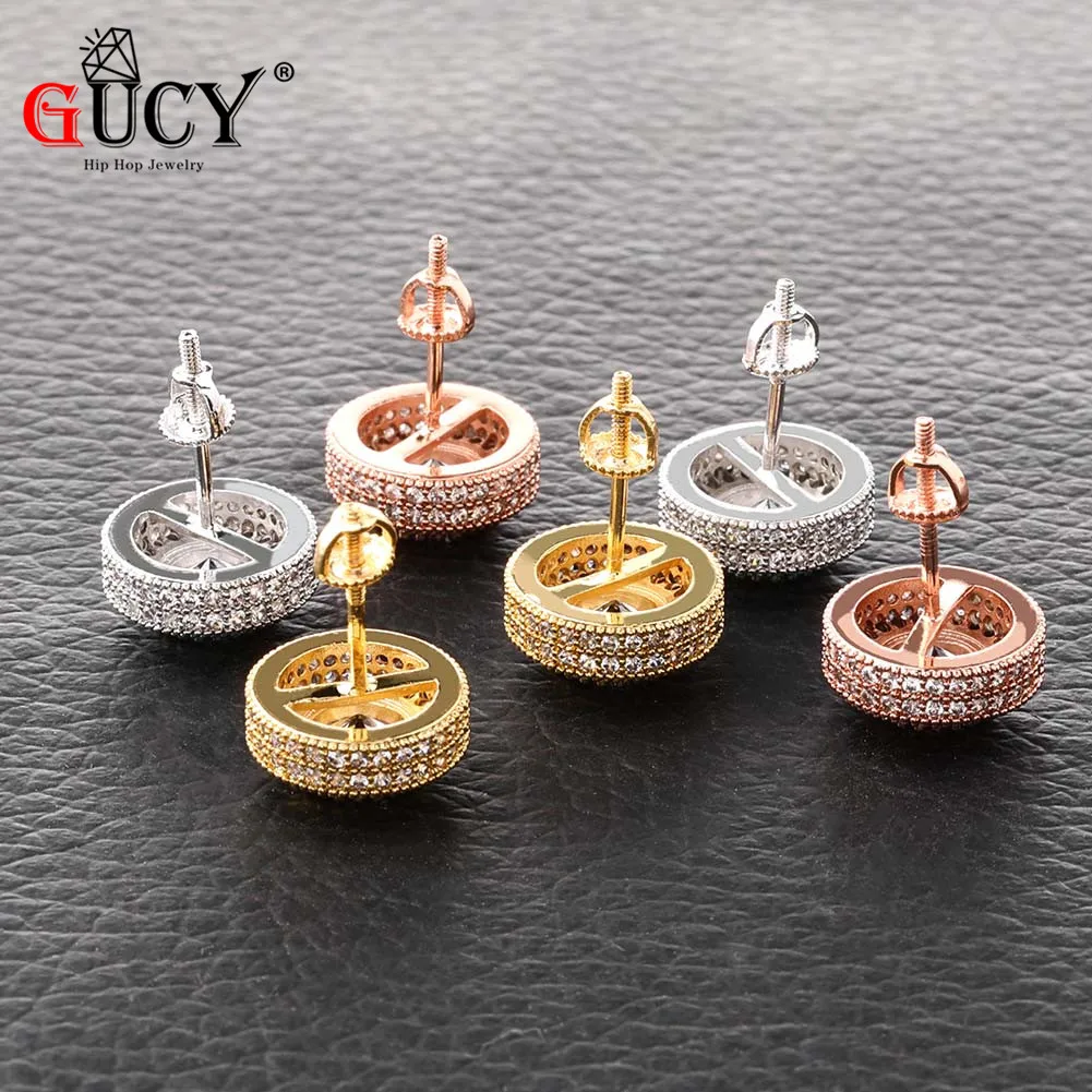 

GUCY New Hip Hop Iced Out Bling Stud Earrings For Men Women Luxury Golden Micro Pave Cubic Zircon Round Stud Earring Gifts