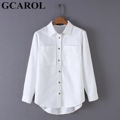 Белый GCAROL, новинка, женская блузка из хлопка и льна, 2 кармана, асимметричная, отложной воротник, OL, аккуратная, белая, базовые Топы - Цвет: Белый