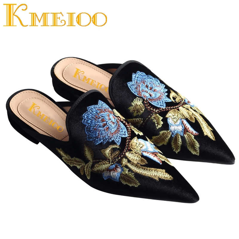 Женские туфли без задника Kmeioo модные с вышивкой на плоской подошве мюли сланцы